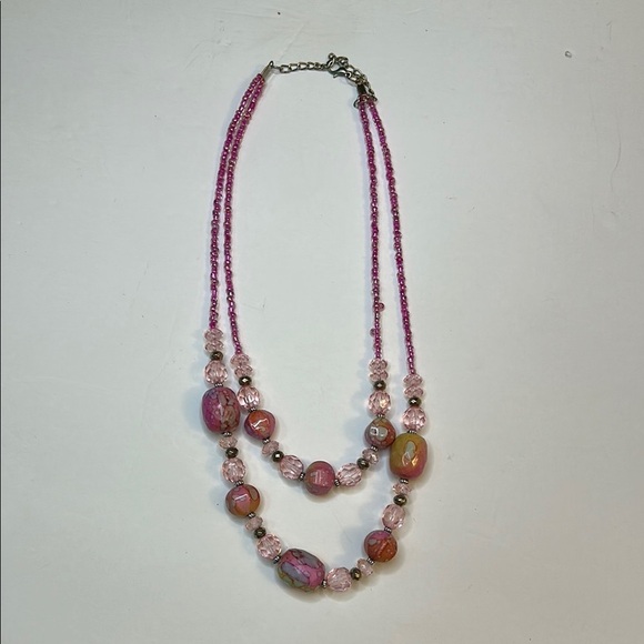 Pink acrylic Beaded Necklace two tier - Picture 3 of 8